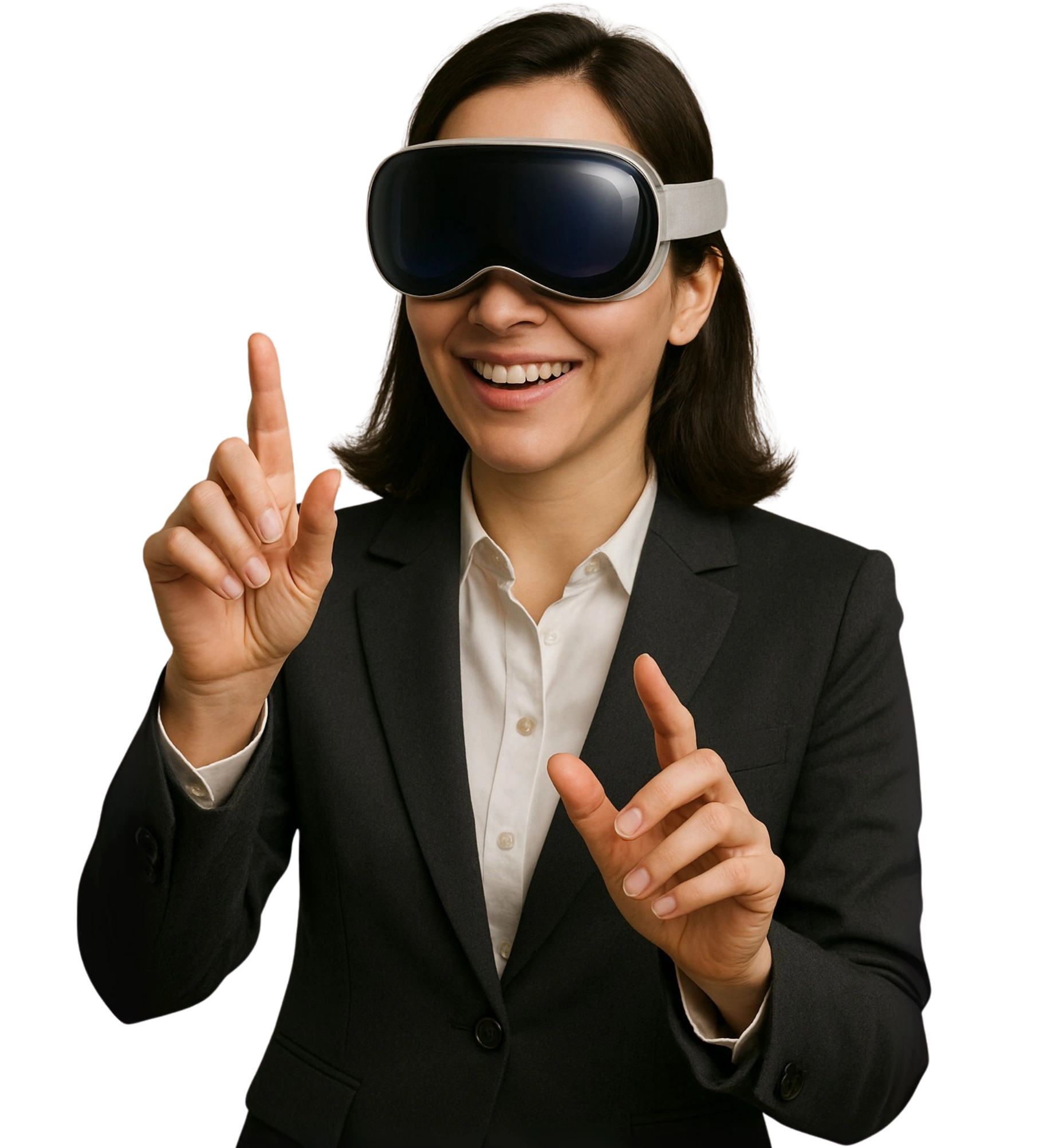 Mulher sorridente com óculos de realidade virtual interagindo com ambiente imersivo, simbolizando treinamentos corporativos em VR.