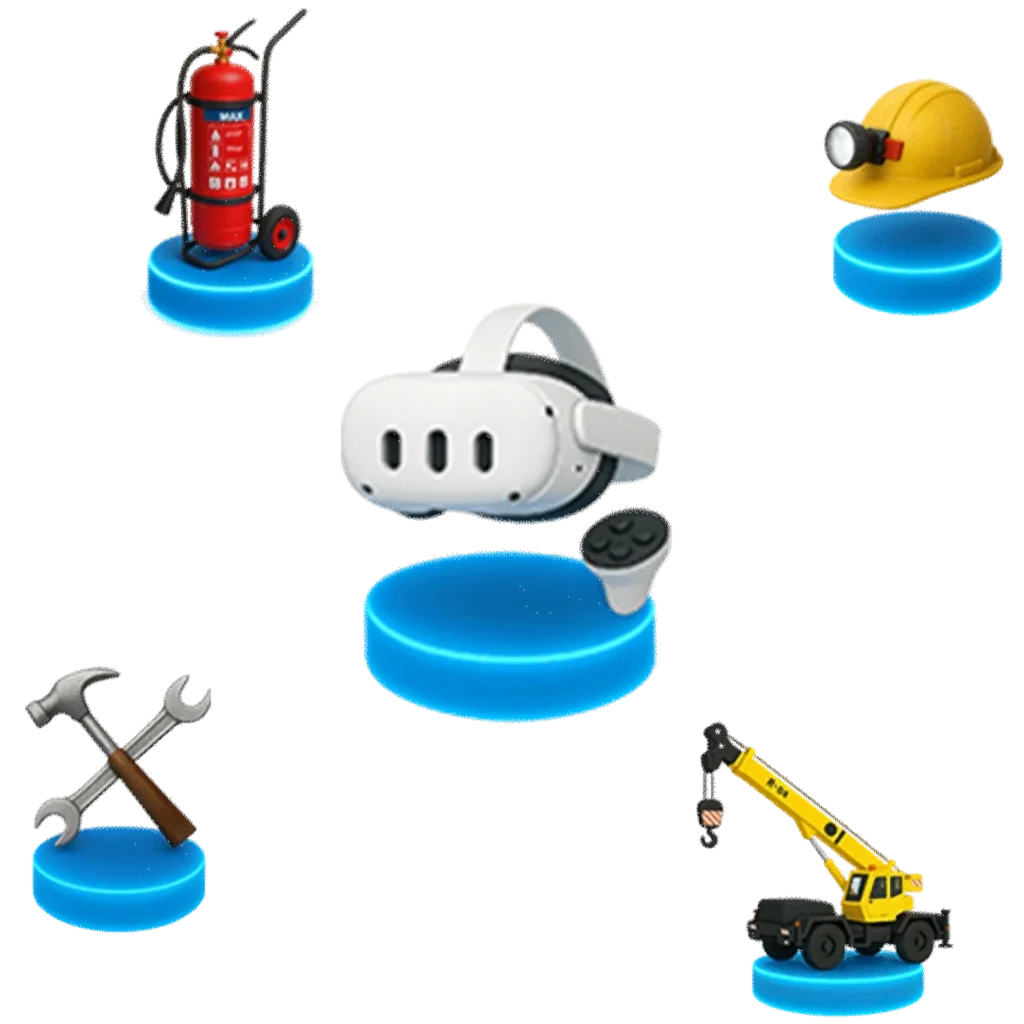 Ícones representando segurança do trabalho e construção ao redor de um headset de Realidade Virtual.