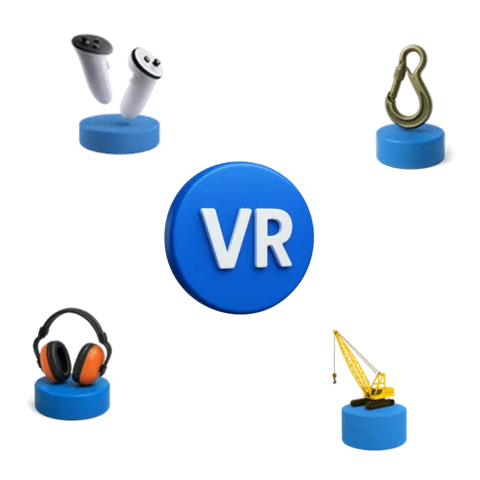 Ícones 3D representando treinamento em segurança com VR: controles, gancho, fone de ouvido, guindaste e logo VR