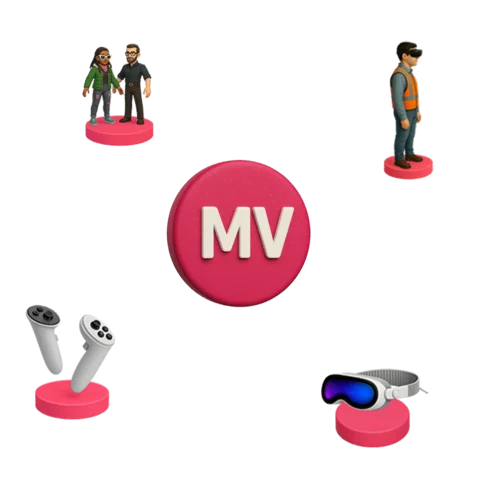 Ícone rosa com as letras MV ao centro, cercado por avatares 3D, headset de realidade virtual, controles e trabalhador com colete de segurança