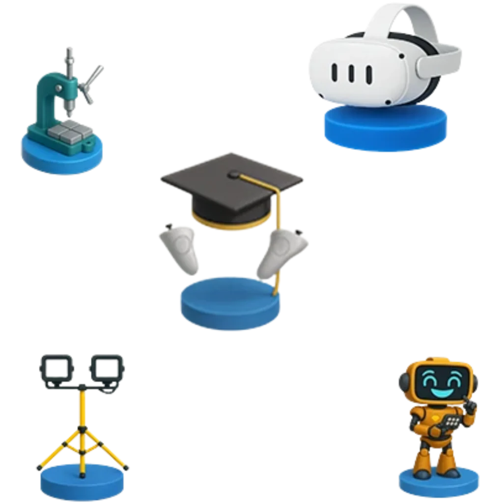 Ícones 3D de óculos VR, robô e elementos educacionais representando treinamentos virtuais corporativos desenvolvidos pela Casa Mais.