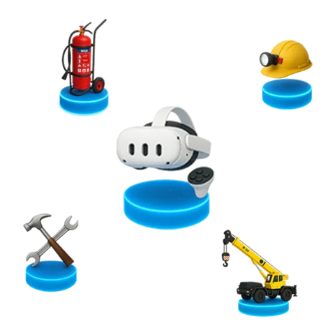 Ícones representando segurança do trabalho e construção ao redor de um headset de realidade virtual