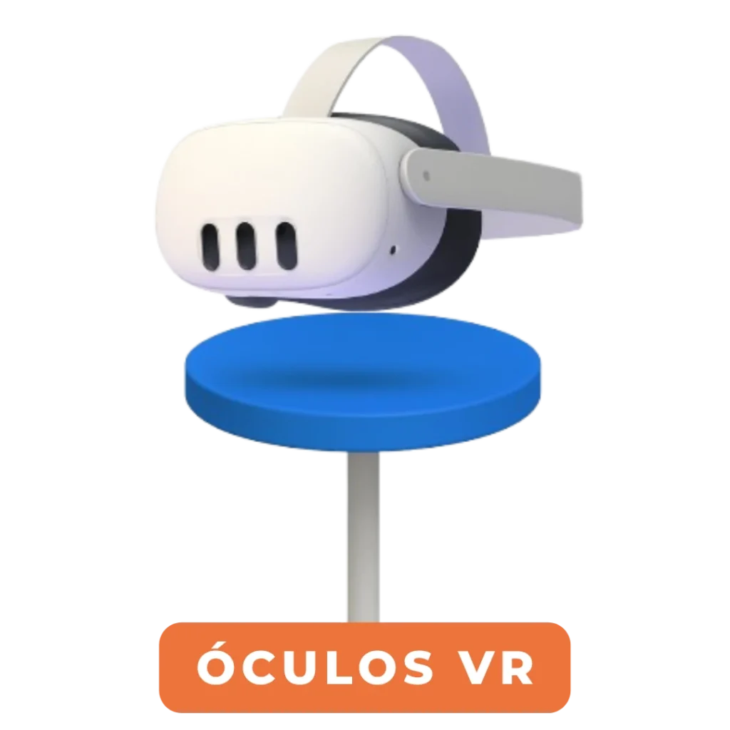 Ilustração de um headset de realidade virtual flutuando sobre uma base azul, com rótulo "Óculos VR".