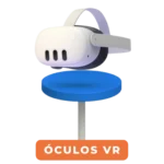 Ilustração de um headset de realidade virtual flutuando sobre uma base azul, com rótulo "Óculos VR".