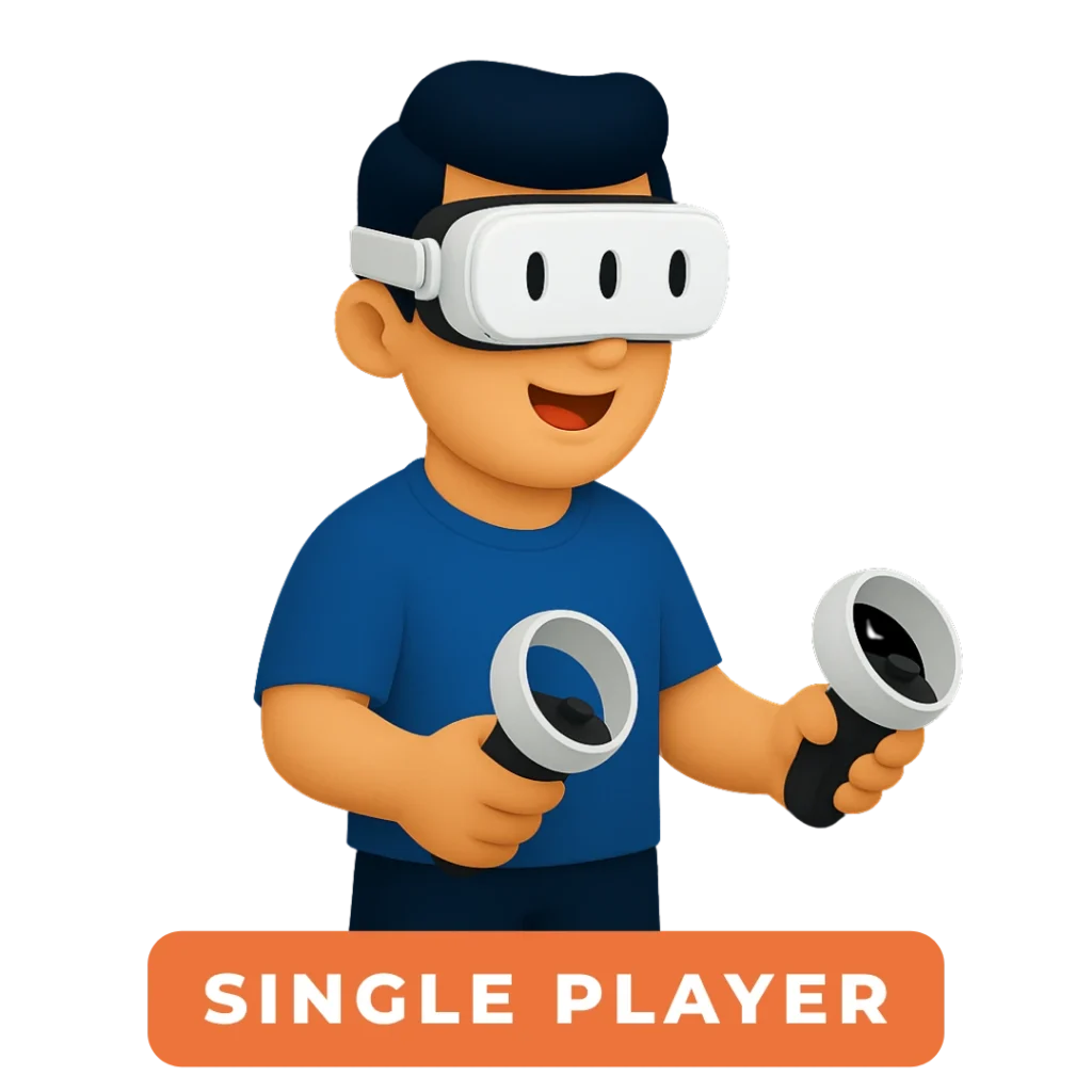 Ilustração 3D de um personagem usando headset VR e segurando dois controles, com texto “Single Player”.