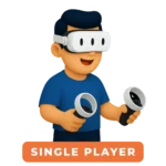 Ilustração 3D de um personagem usando headset VR e segurando dois controles, com texto “Single Player”.