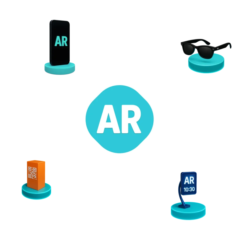 Ícones 3D representando experiências em Realidade Aumentada com óculos inteligentes, smartphones, totem digital e interações holográficas.