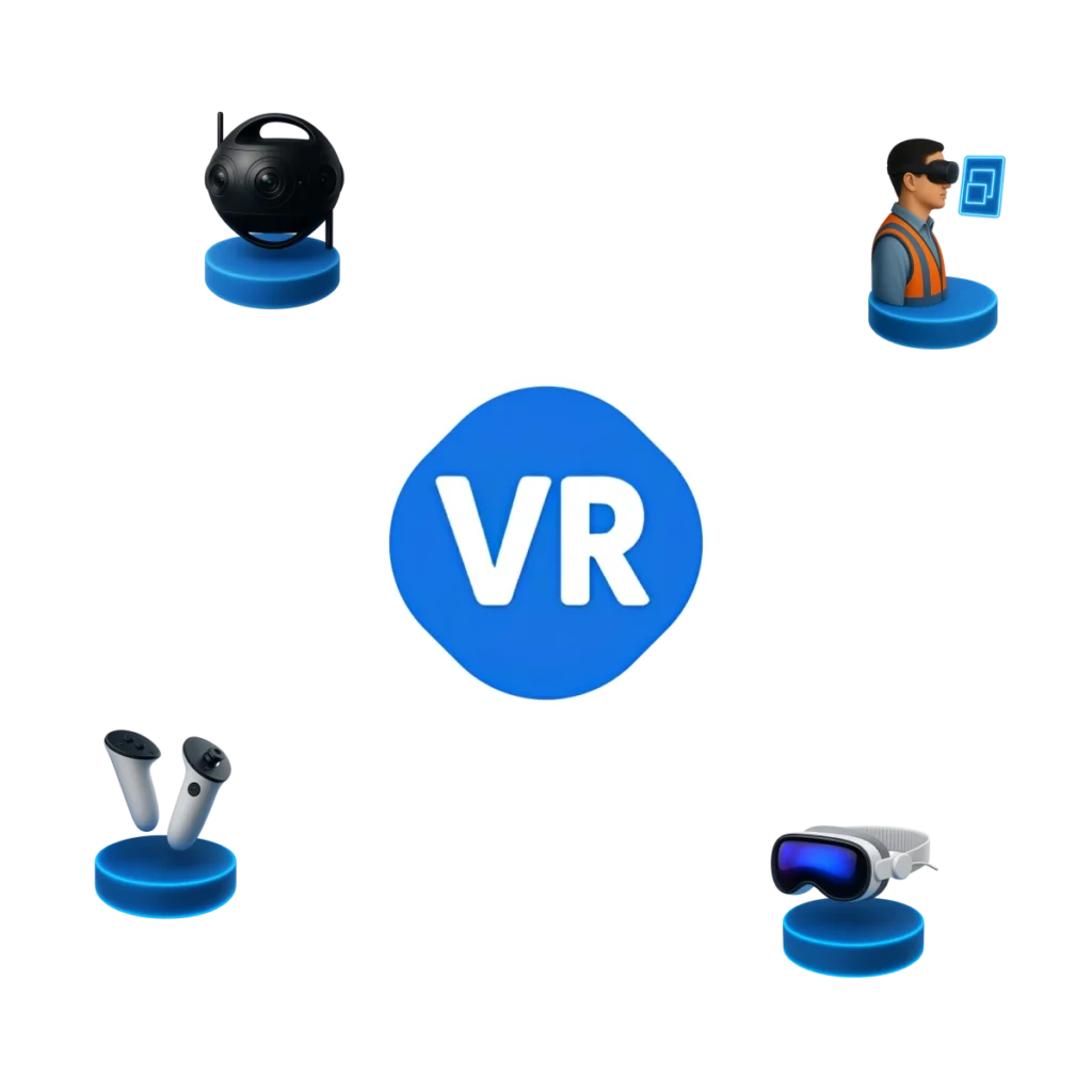 Ícones 3D representando experiências em Realidade Virtual com headset VR, controladores de movimento, câmera 360° e avatar digital.