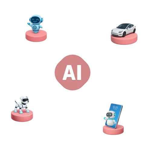 Ícones 3D representando a Inteligência Artificial aplicável em diferentes setores: robôs, carros autônomos, assistente virtual e chip de IA sobre base rosa.