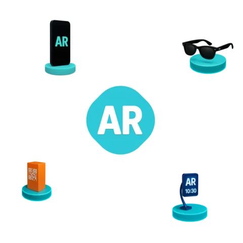 Ícones 3D representando experiências em Realidade Aumentada com óculos inteligentes, smartphones, totem digital e interações holográficas.