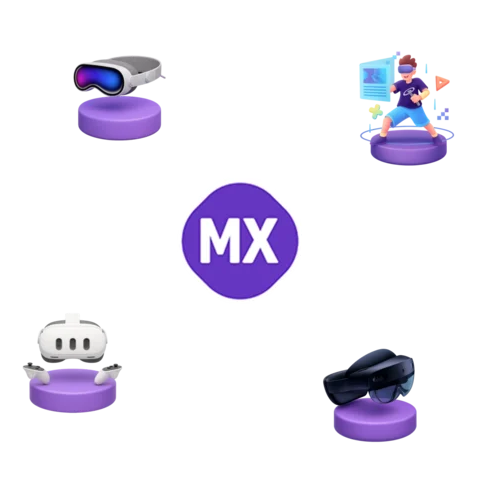 Ícones 3D representando a Realidade Mista: headset, avatar interativo, ambiente virtual, óculos e controle integrados.