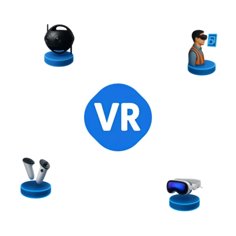 Ícones 3D representando experiências em Realidade Virtual com headset VR, controladores de movimento, câmera 360° e avatar digital.