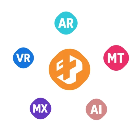 Ícones circulares com siglas VR, AR, MX, AI, MT ao redor do logo da Casa Mais