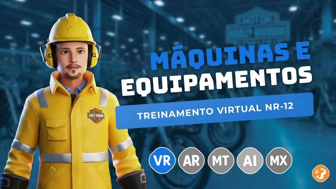 Avatar de colaborador com EPI em ambiente industrial representando o Treinamento Virtual NR-12 em Realidade Virtual desenvolvido pela Casa Mais.