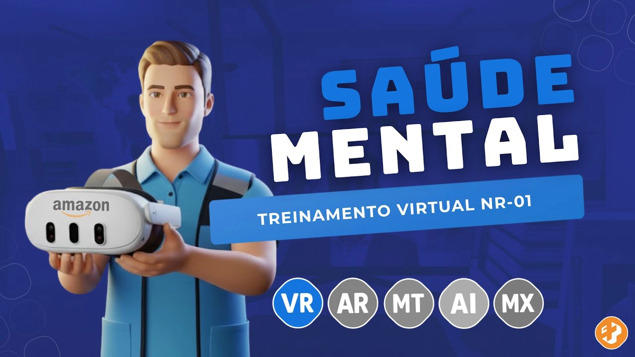Avatar com uniforme de segurança em frente a cenário fabril, representando treinamento virtual sobre NR-01