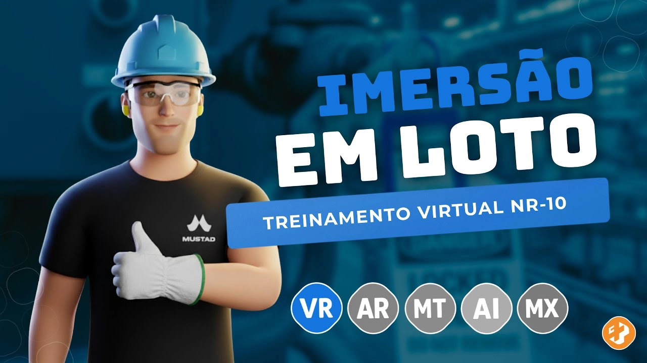 Avatar com uniforme de segurança em frente a cenário fabril, representando treinamento virtual sobre NR-10