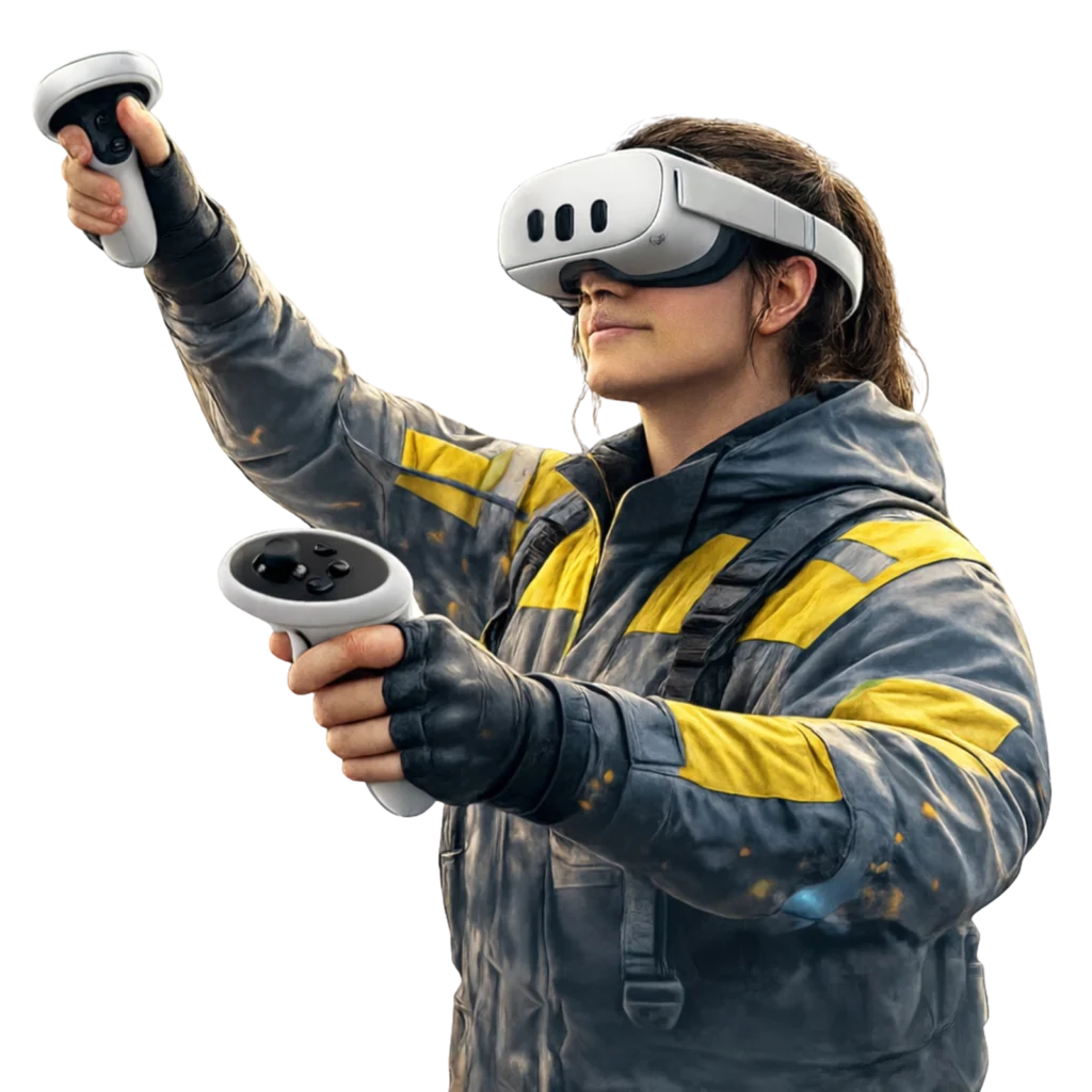 Colaboradora realizando treinamento em Realidade Virtual com EPI completo em simula&ccedil;&atilde;o 3D de Seguran&ccedil;a do Trabalho.