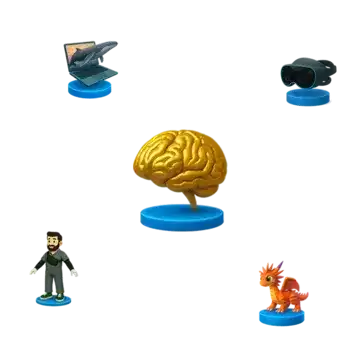 Ilustra&ccedil;&atilde;o representando tecnologias imersivas com &iacute;cones de VR, IA, metaverso, avatar e dinossauro 3D