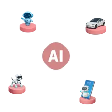&Iacute;cones 3D representando a Intelig&ecirc;ncia Artificial aplic&aacute;vel em diferentes setores: rob&ocirc;s, carros aut&ocirc;nomos, assistente virtual e chip de IA sobre base rosa.