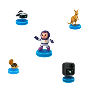 Ilustra&ccedil;&atilde;o com astronauta e &iacute;cones de realidade virtual, aventura e tecnologia representando pioneirismo da Casa Mais.