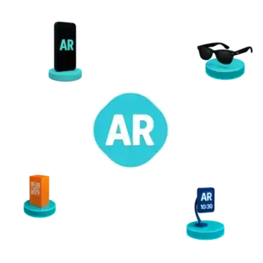 &Iacute;cones 3D representando experi&ecirc;ncias em Realidade Aumentada com &oacute;culos inteligentes, smartphones, totem digital e intera&ccedil;&otilde;es hologr&aacute;ficas.