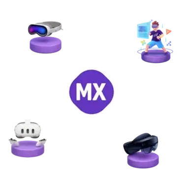 &Iacute;cones 3D representando a Realidade Mista: headset, avatar interativo, ambiente virtual, &oacute;culos e controle integrados.