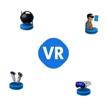 &Iacute;cones 3D representando experi&ecirc;ncias em Realidade Virtual com headset VR, controladores de movimento, c&acirc;mera 360&deg; e avatar digital.