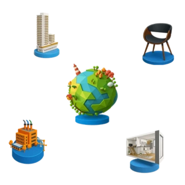 &Iacute;cones 3D de pr&eacute;dios, globo terrestre, cadeira, f&aacute;brica e planta baixa, representando o servi&ccedil;o de tour virtual da Casa Mais para empresas.