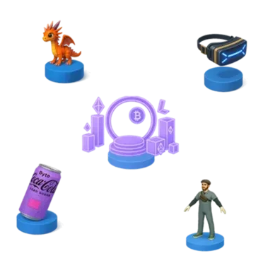 Cole&ccedil;&atilde;o de &iacute;cones 3D representando elementos do metaverso: headset VR futurista, avatar masculino, drag&atilde;o animado, lata da Coca-Cola Byte e s&iacute;mbolo de criptomoedas.