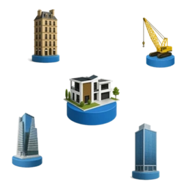 &Iacute;cones 3D de pr&eacute;dios, grua e casa em miniatura representando tecnologias imersivas no marketing imobili&aacute;rio.