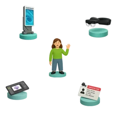 &Iacute;cones 3D representando tecnologias para programas de onboarding virtual corporativo, incluindo totem interativo, &oacute;culos de realidade mista, colaborador digital e tablet de registro.