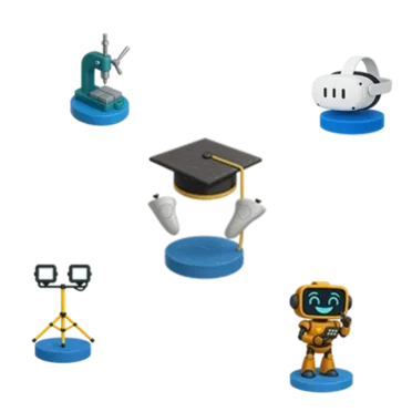 &Iacute;cones 3D de realidade virtual, rob&ocirc;, ilumina&ccedil;&atilde;o, microsc&oacute;pio e chap&eacute;u de gradua&ccedil;&atilde;o sobre fundo transparente