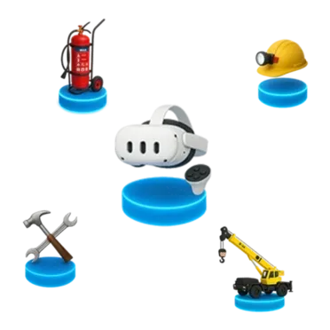 Simula&ccedil;&atilde;o em Realidade Virtual com &iacute;cones de seguran&ccedil;a, constru&ccedil;&atilde;o e equipamentos t&eacute;cnicos.