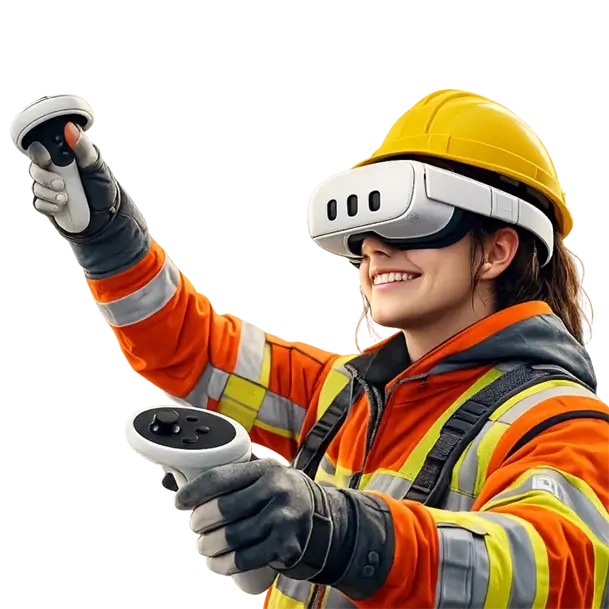 Mulher utilizando &oacute;culos Meta Quest 3 na plataforma de treinamentos em Realidade Virtual da Casa Mais SafetyXR para capacita&ccedil;&atilde;o em Seguran&ccedil;a do Trabalho com Intelig&ecirc;ncia Artificial e simula&ccedil;&otilde;es 3D.