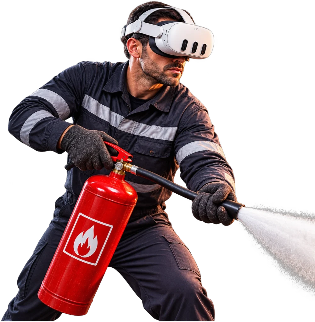 Profissional utilizando realidade virtual e extintor em treinamento imersivo NR 23