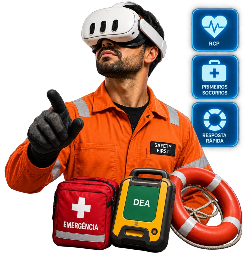 Profissional offshore utilizando realidade virtual com equipamentos de primeiros socorros e resposta a emerg&ecirc;ncias