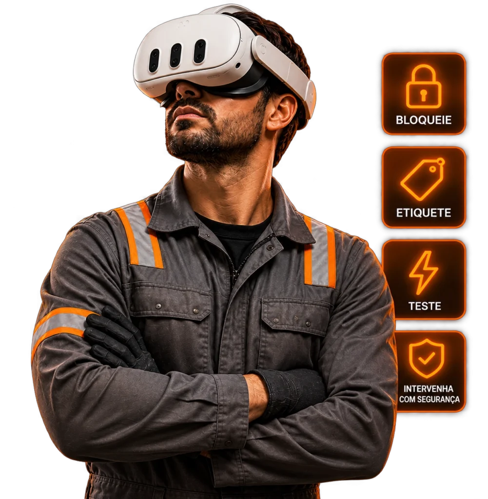 Trabalhador com &oacute;culos de realidade virtual e &iacute;cones de bloqueio, etiquetagem e teste para treinamento NR-10