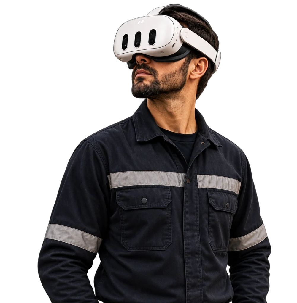 Profissional utilizando &oacute;culos de realidade virtual em treinamento imersivo de NR-11 para opera&ccedil;&atilde;o segura de empilhadeiras