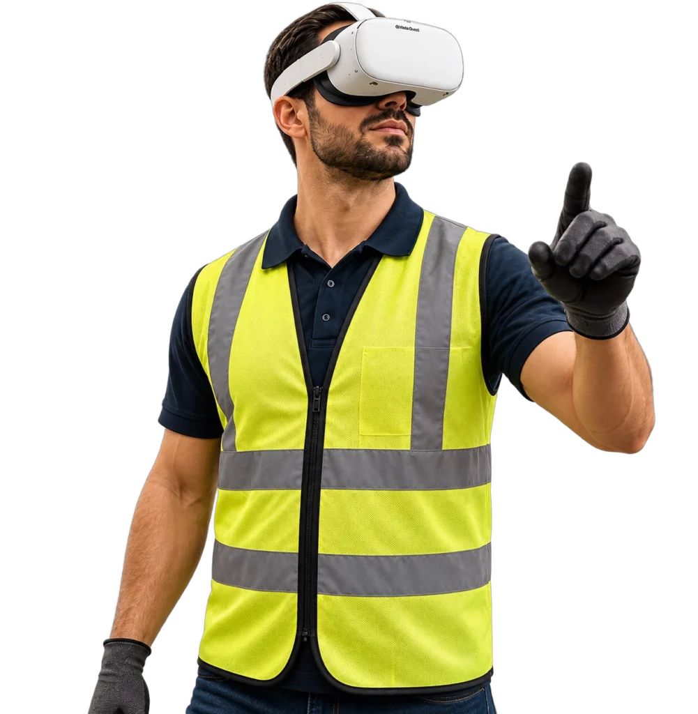 Profissional utilizando &oacute;culos de realidade virtual em treinamento imersivo de NR-12 sobre seguran&ccedil;a em m&aacute;quinas