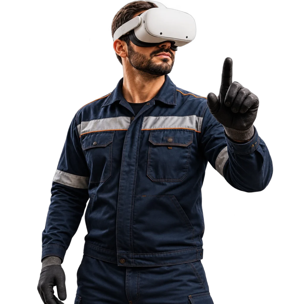 Profissional utilizando &oacute;culos de realidade virtual em treinamento imersivo de NR-13 sobre caldeiras e sistemas pressurizados