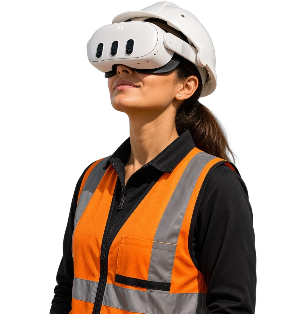 Profissional da constru&ccedil;&atilde;o civil utilizando realidade virtual em treinamento imersivo NR-18