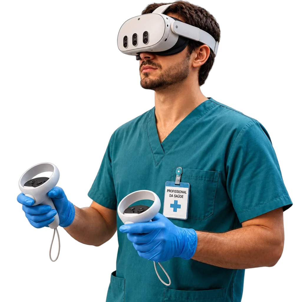Profissional da sa&uacute;de com &oacute;culos de realidade virtual no treinamento imersivo NR-32