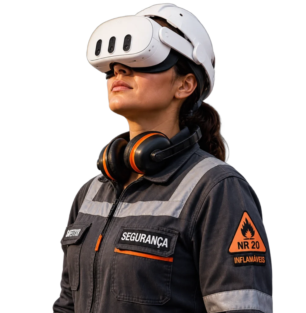 Profissional com &oacute;culos de realidade virtual em treinamento imersivo NR 20 sobre inflam&aacute;veis