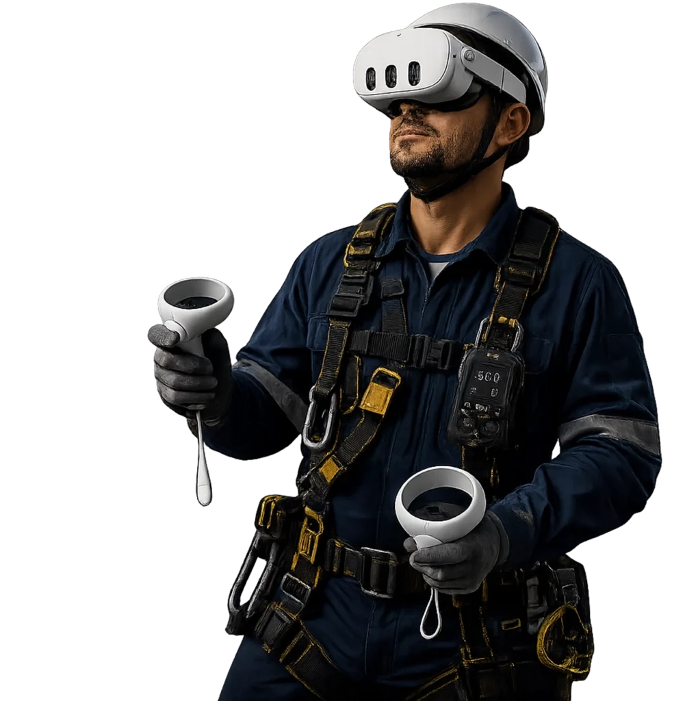 Trabalhador com &oacute;culos de realidade virtual e equipamentos de seguran&ccedil;a no treinamento imersivo NR-33
