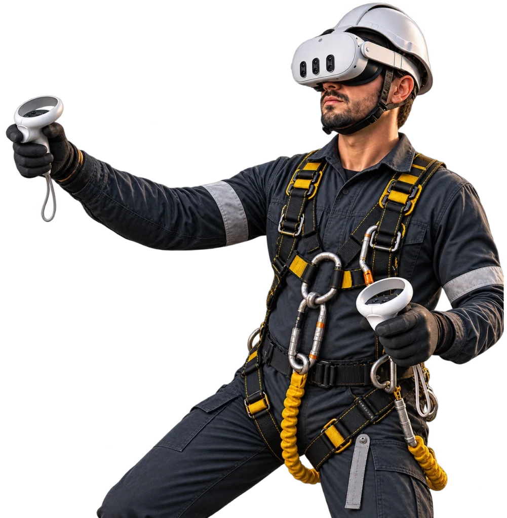 Trabalhador com &oacute;culos de realidade virtual e equipamentos de prote&ccedil;&atilde;o para treinamento imersivo NR-35