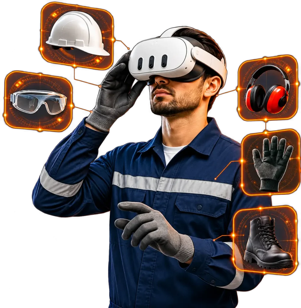 Trabalhador em treinamento imersivo de NR-06 com &oacute;culos de realidade virtual e equipamentos de prote&ccedil;&atilde;o individual