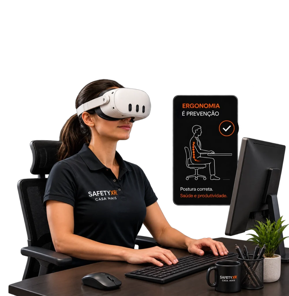 Mulher utilizando &oacute;culos de realidade virtual em treinamento de ergonomia NR 17 SafetyXR