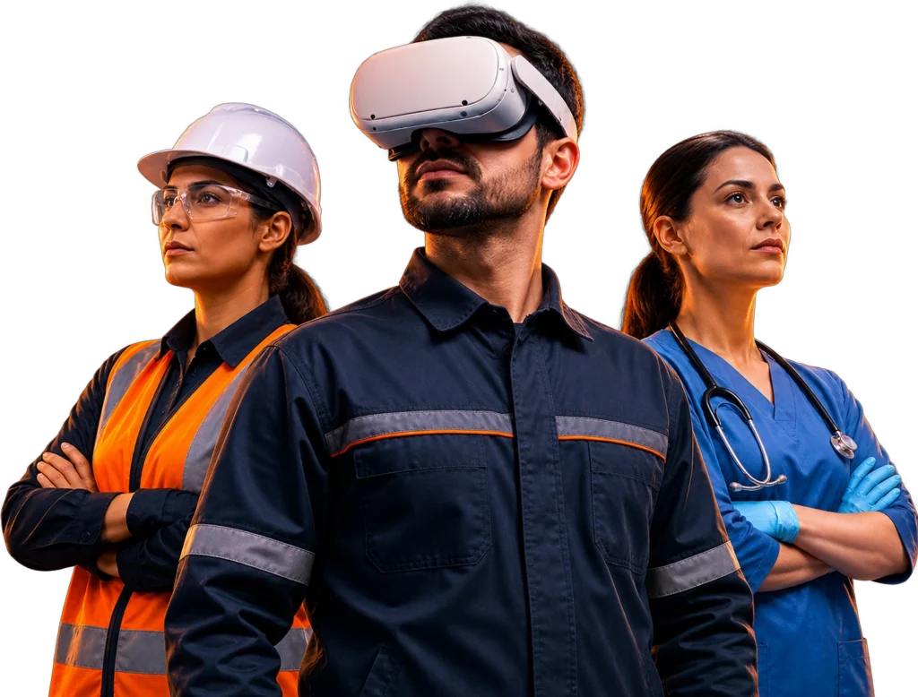 Profissionais utilizando &oacute;culos de Realidade Virtual em treinamento de seguran&ccedil;a do trabalho SafetyXR