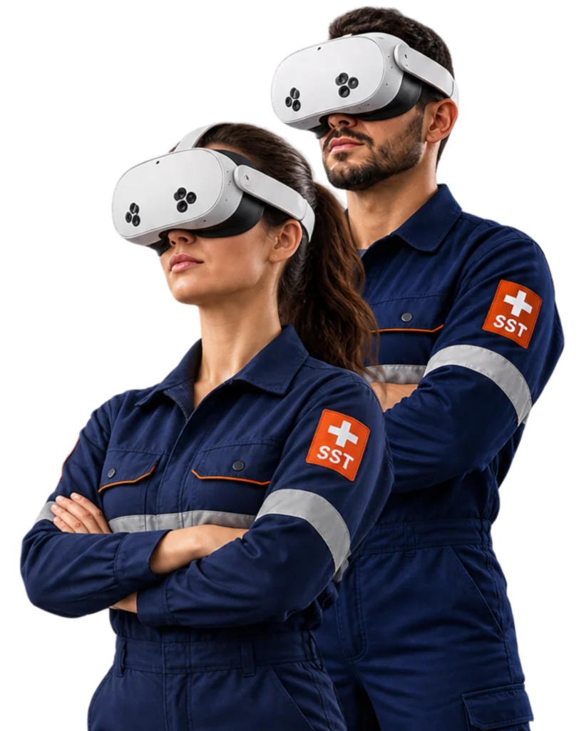 Profissionais de Seguran&ccedil;a do Trabalho utilizando &oacute;culos de Realidade Virtual na plataforma Casa Mais SafetyXR