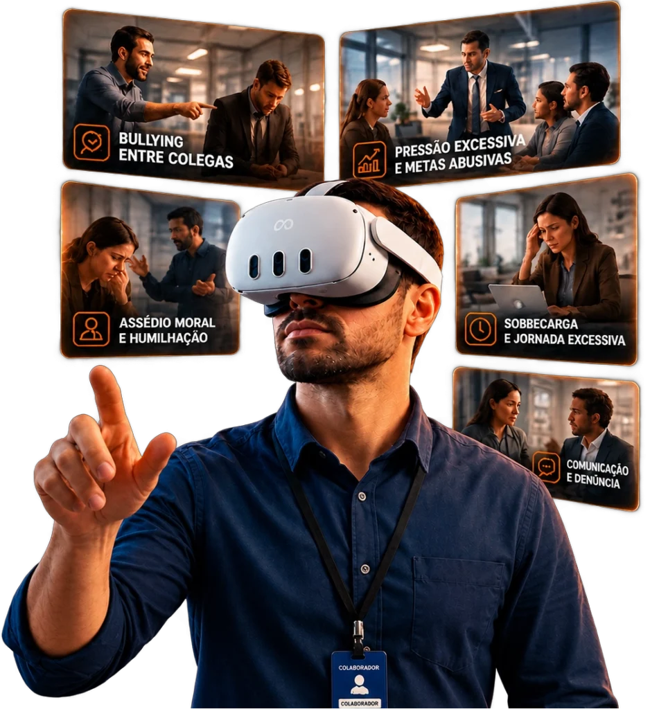 Profissional realizando treinamento de seguran&ccedil;a do trabalho em Realidade Virtual com a plataforma SafetyXR
